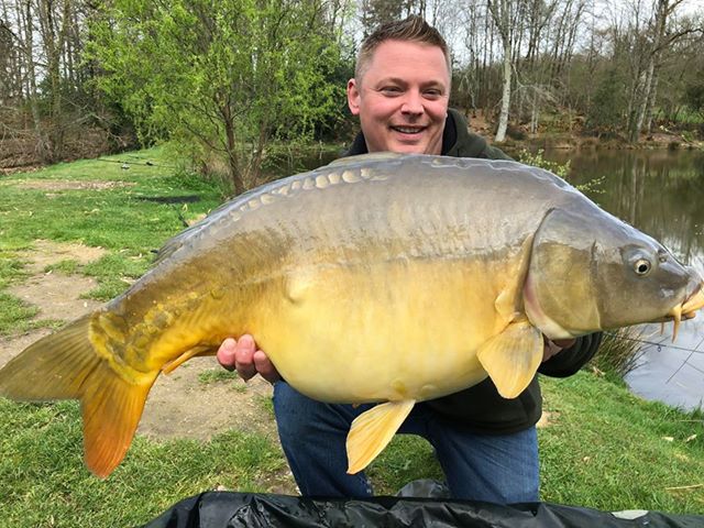 Hard-fighting mirror carp at The Cabin Lake