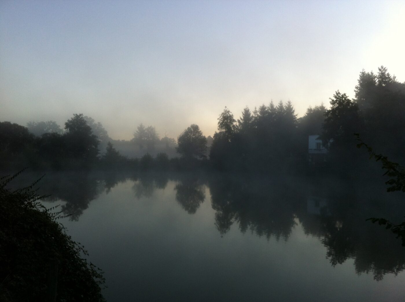 Misty dawn over Lodge Lakes carp fishing water in the Limousin countryside